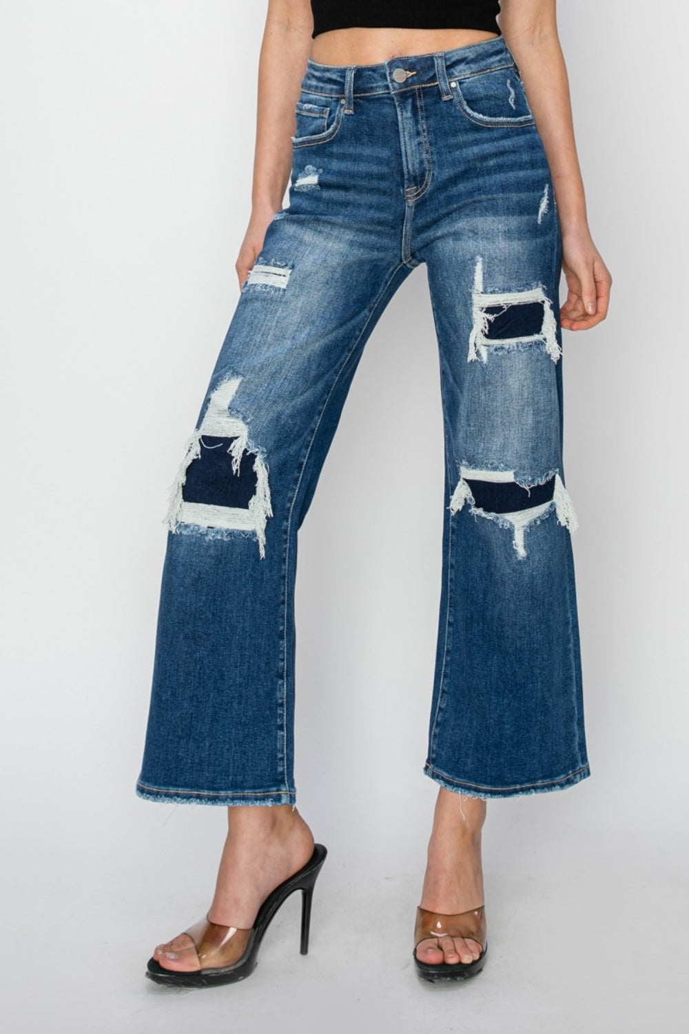 Full Size High Rise Patch Detailed Wide Leg Crop Jeans