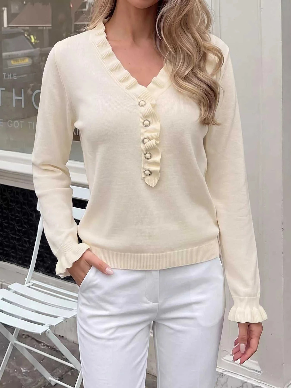 Ruffle Trim Pearl Button V-Neck Knit Top 100100535859062 43 Affordable Fashion Under $100 Jerry's Apparel 