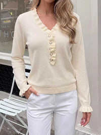 Ruffle Trim Pearl Button V-Neck Knit Top 100100535859062 43 Affordable Fashion Under $100 Jerry's Apparel 