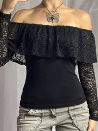 Off-Shoulder Lace Trim Long Sleeve T-Shirt 101001284372471 43 Affordable Fashion Under $100 Jerry's Apparel 