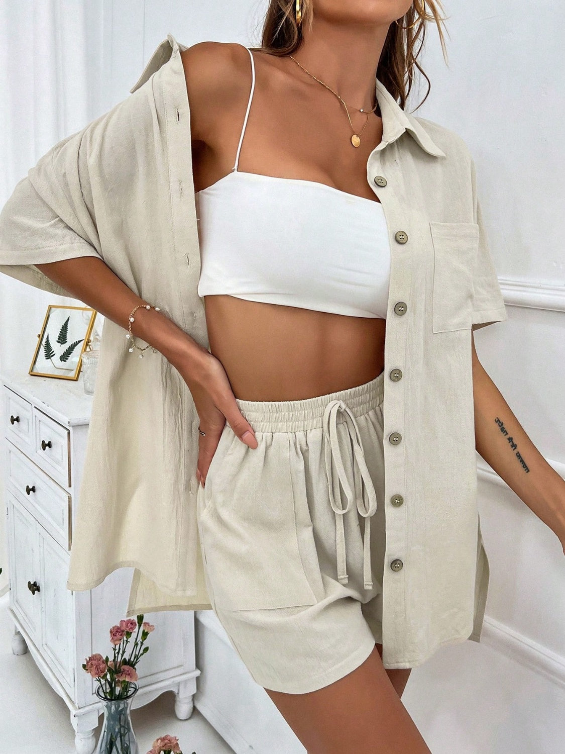 Honey Button Up Half Sleeve Top and Shorts Set