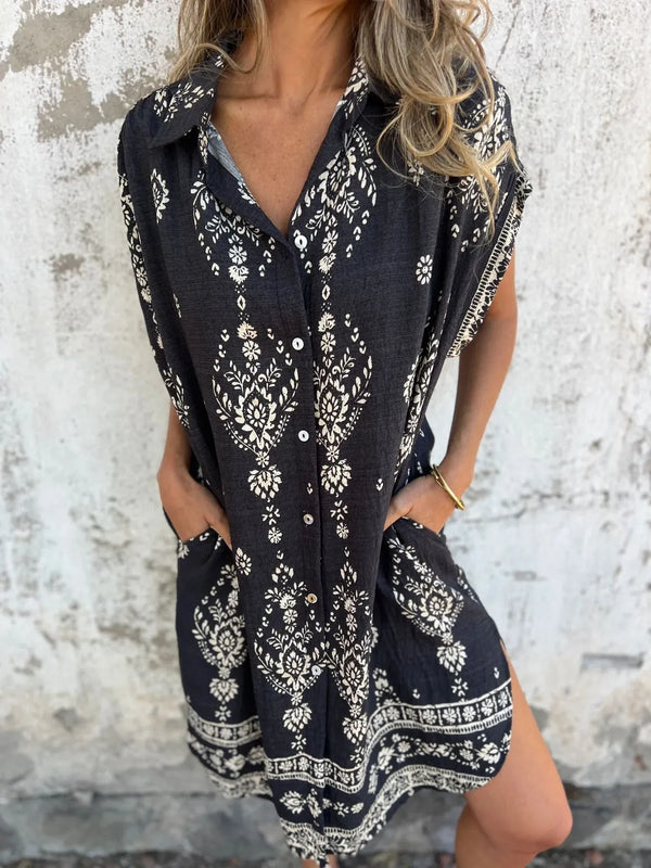 Full Size Printed Short Sleeve Button-Up Shirt Dress Plus Size