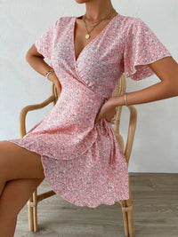 Floral Flutter Sleeve Wrap Mini Dress
