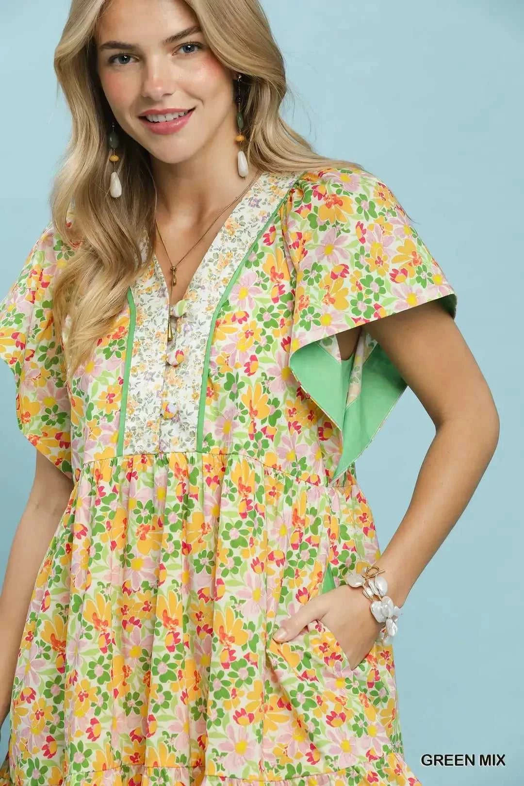Umgee Mix Floral Tiered Mini Dress with Side Pockets 100100112321530 62 Affordable Fashion Under $100 Jerry's Apparel 