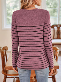 Quarter Button Striped Round Neck Long Sleeve T-Shirt