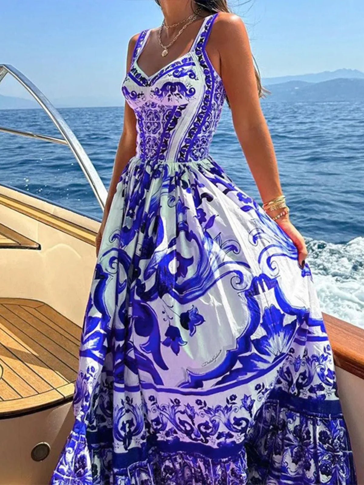 Full Size Printed Sweetheart Neck Maxi Cami Dress Plus Size