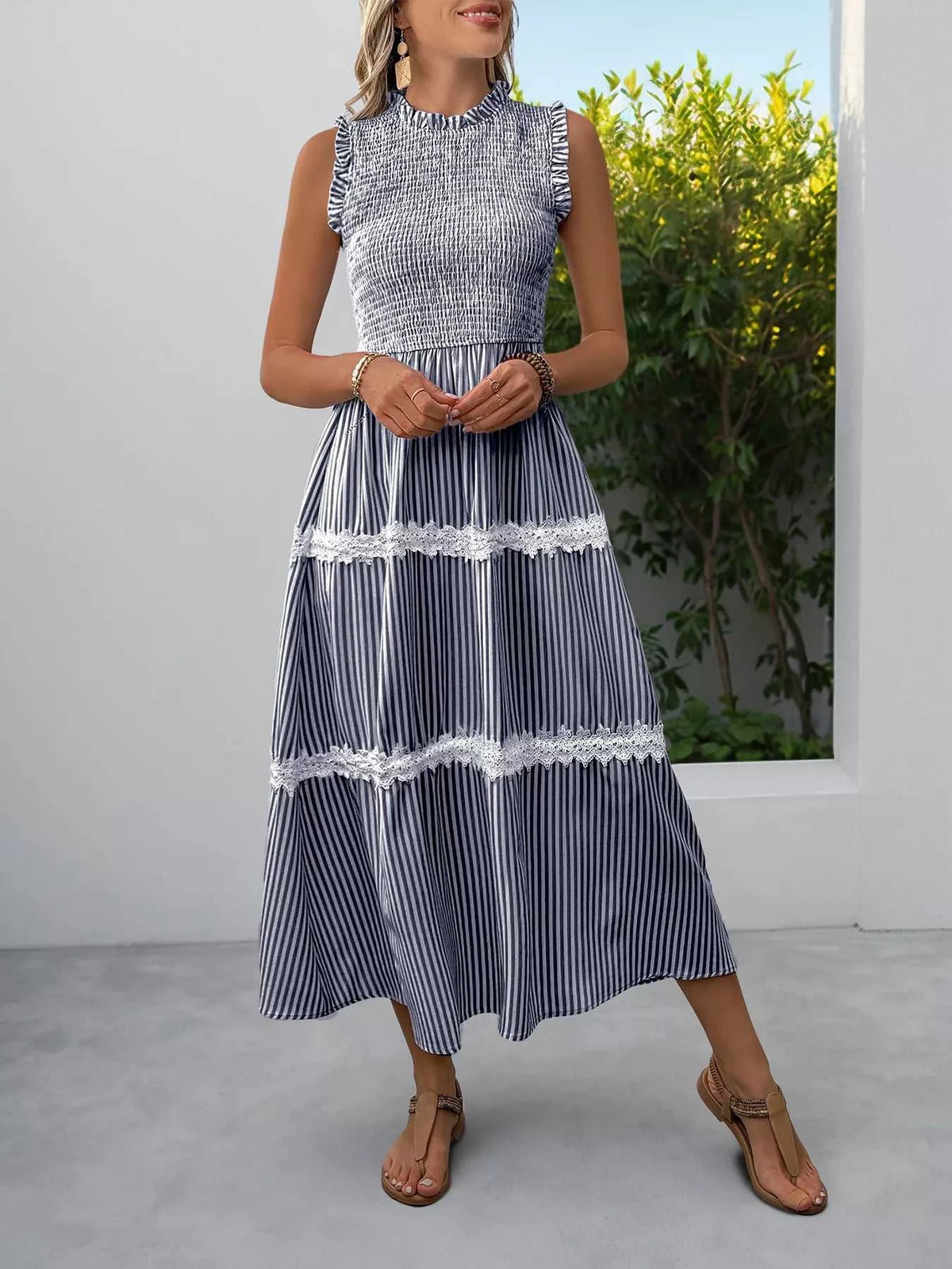 Smocked Striped Lace Trim Sleeveless Midi Dress 100100337606296 49 Affordable Fashion Under $100 Jerry's Apparel 