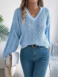 V-Neck Cable Knit Sweater with Striped Trim 101002502315459 35 Affordable Fashion Under $100 Jerry's Apparel 