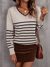 Angel Wings Striped V-Neck Drop Shoulder Sweater