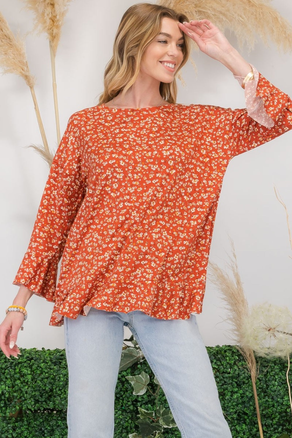 Full Size Floral Ruffle Detail Top