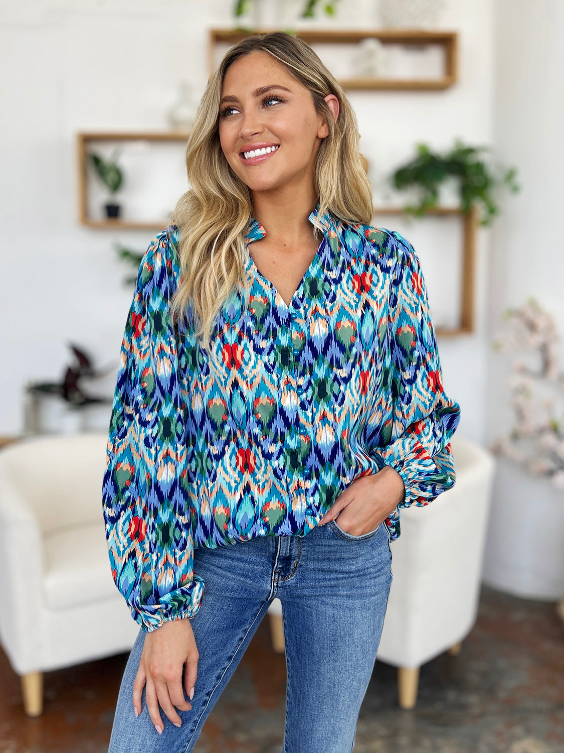 Full Size Printed Balloon Sleeve Blouse