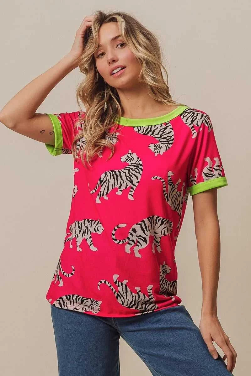 BiBi Big Tiger Print Jersey Contrast Ringer Top 100100215151725 27 Affordable Fashion Under $100 Jerry's Apparel 