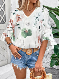 Ruffled Printed V-Neck Half Sleeve Blouse