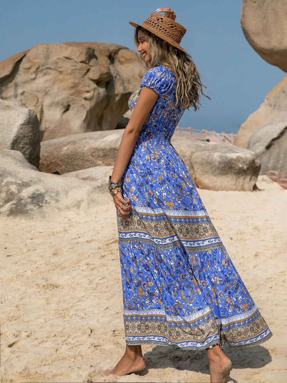 Printed V-Neck Cap Sleeve Midi Dress