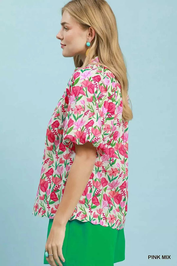 Umgee Floral Puff Sleeve Blouse with Scalloped Details 100100563671184 53 Affordable Fashion Under $100 Jerry's Apparel 