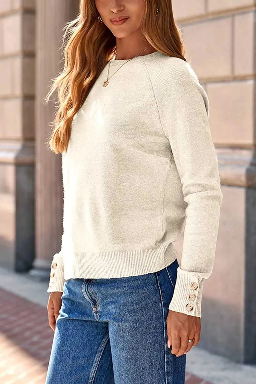 Button-Cuff Crew Neck Sweater 100100920961596 40 Women's Sweaters and Knitwear Jerry's Apparel 