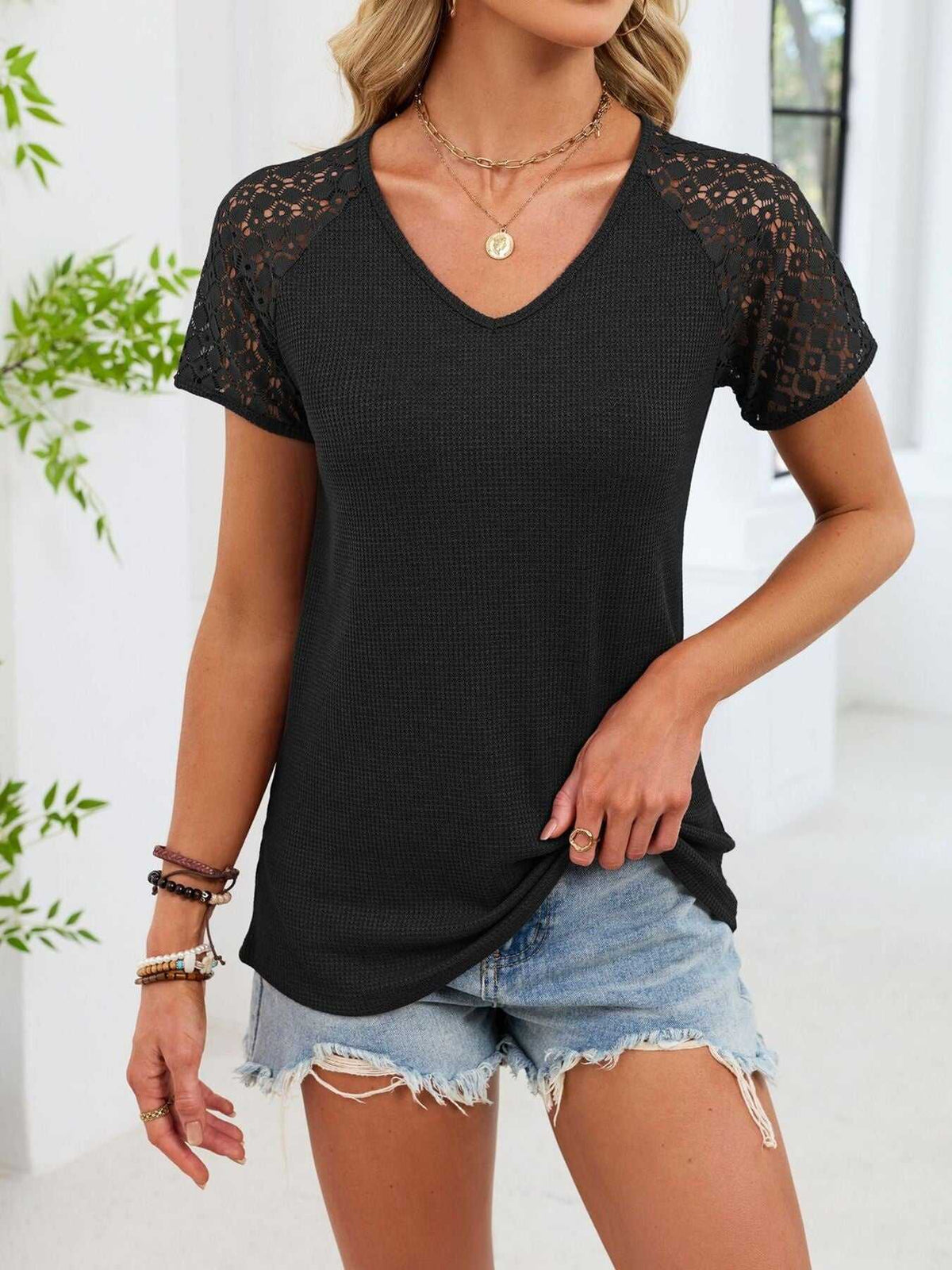 Lace Sleeve V-Neck Waffle Knit T-Shirt 100100150990299 25 Affordable Fashion Under $100 Jerry's Apparel 