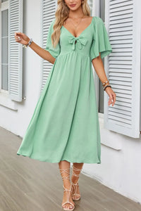 Smocked Tie Front Flutter Sleeve Midi Dress