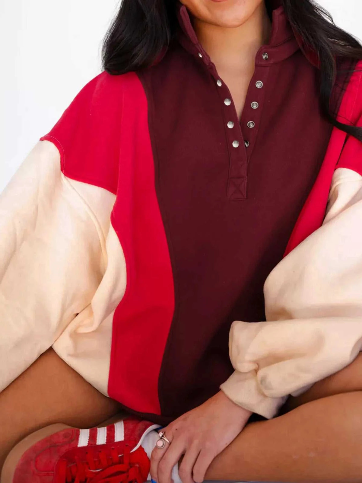 Color Block Patchwork Snap Button Oversize Hoodie 100100428996241 63 Affordable Fashion Under $100 Jerry's Apparel 