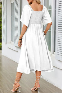 Smocked Tie Front Flutter Sleeve Midi Dress
