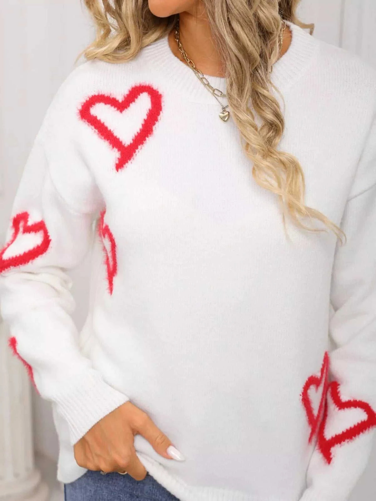 Valentine's Day Heart Print Crew Neck Sweater 100100466321617 50 Gifts for Her Jerry's Apparel 