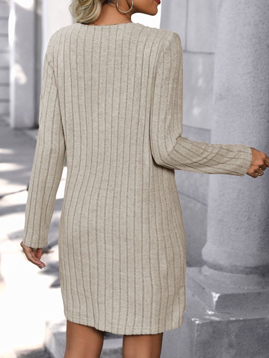 Perfee V-Neck Long Sleeve Knit Dress