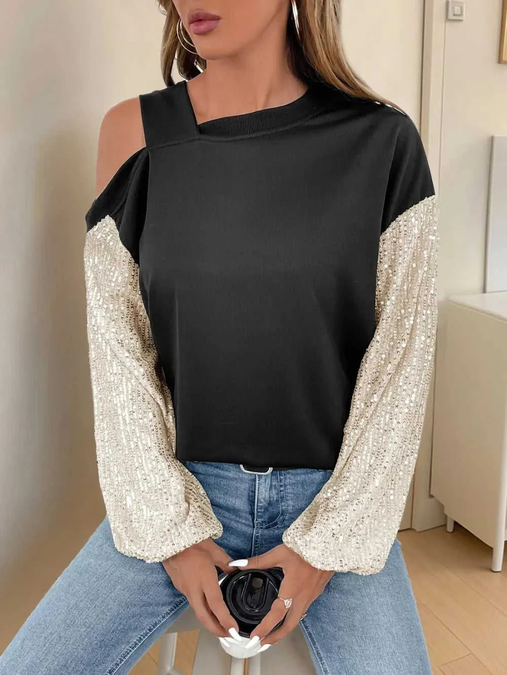 Perfee Sequin Asymmetrical Neck Long Sleeve Sweatshirt 100100251611332 29 Affordable Fashion Under $100 Jerry's Apparel 