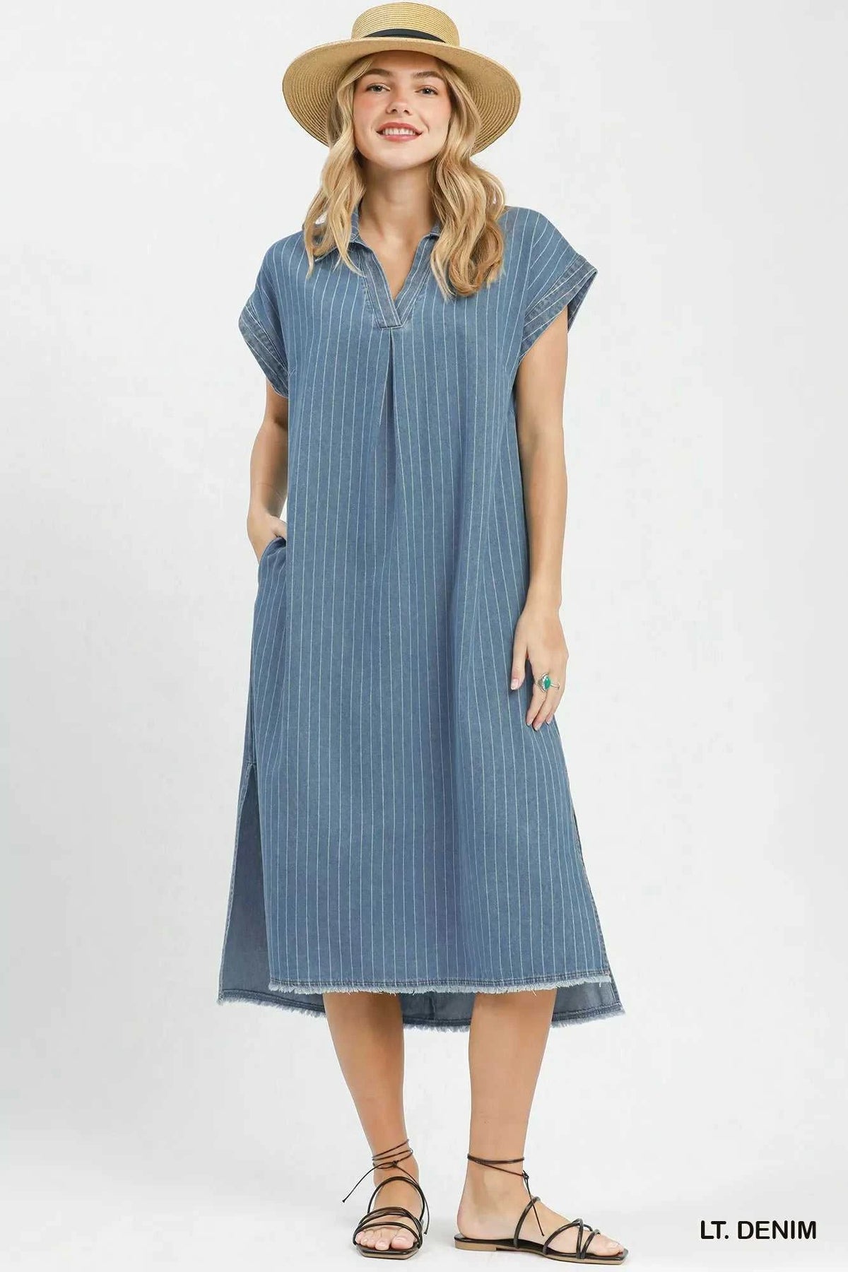 Umgee Pinstripe Denim Collared Midi Dress with Side Slits 100100308381741 66 Affordable Fashion Under $100 Jerry's Apparel 