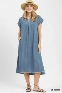 Umgee Pinstripe Denim Collared Midi Dress with Side Slits 100100308381741 66 Affordable Fashion Under $100 Jerry's Apparel 