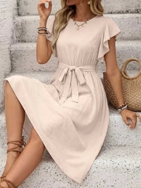 Ruffle Sleeve Tie Waist Midi Dress 100100782574202 39 Women's Midi Dress Affordable Boutique Dresses Under $50 Jerry's Apparel 