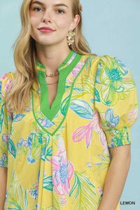 Umgee Botanical Print Dress with Smocked Cuffs 100100465211586 64 Affordable Fashion Under $100 Jerry's Apparel 