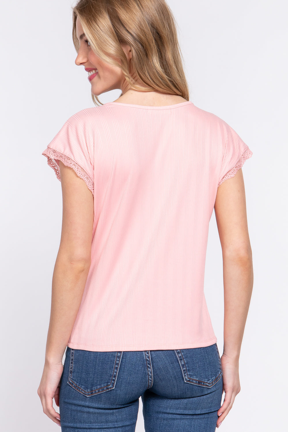 Lace Trim V-Neck Short Sleeve Ribbed Top