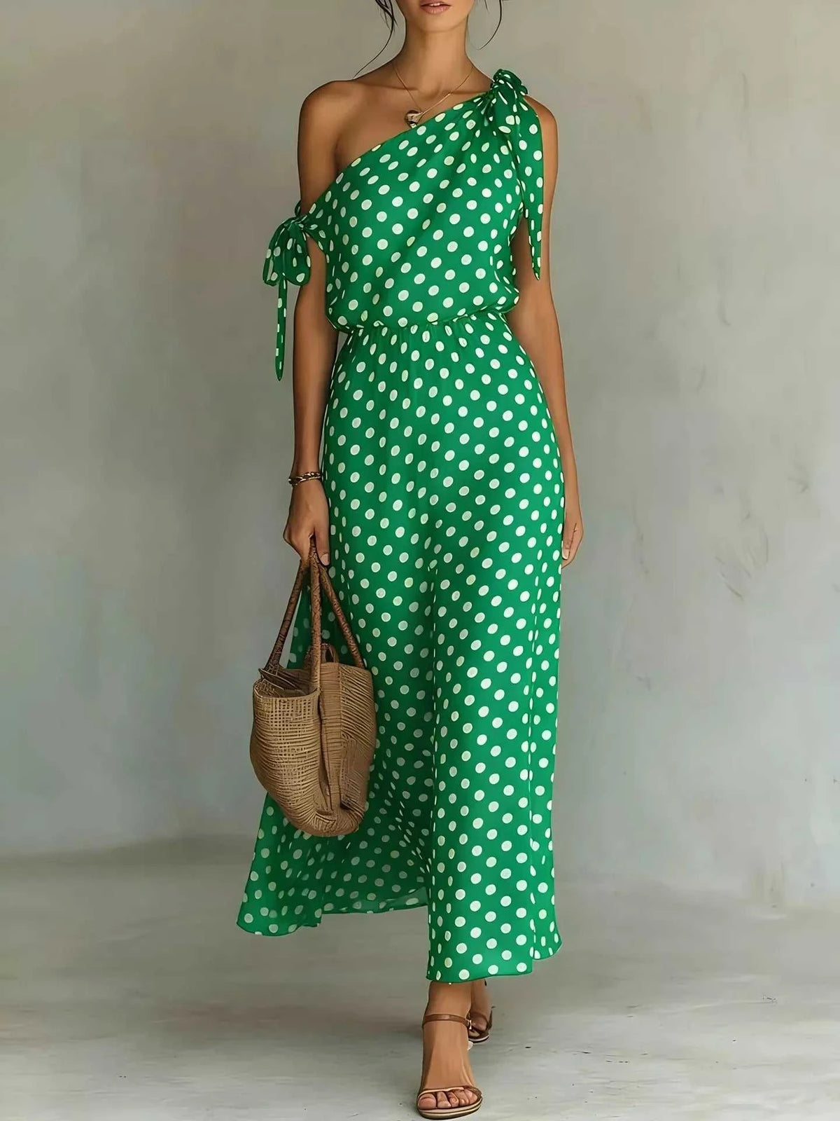 Full Size Polka Dot One-Shoulder Maxi Dress with Tie Details Plus Size 100100717941422 28 Gifts for Her Jerry's Apparel 
