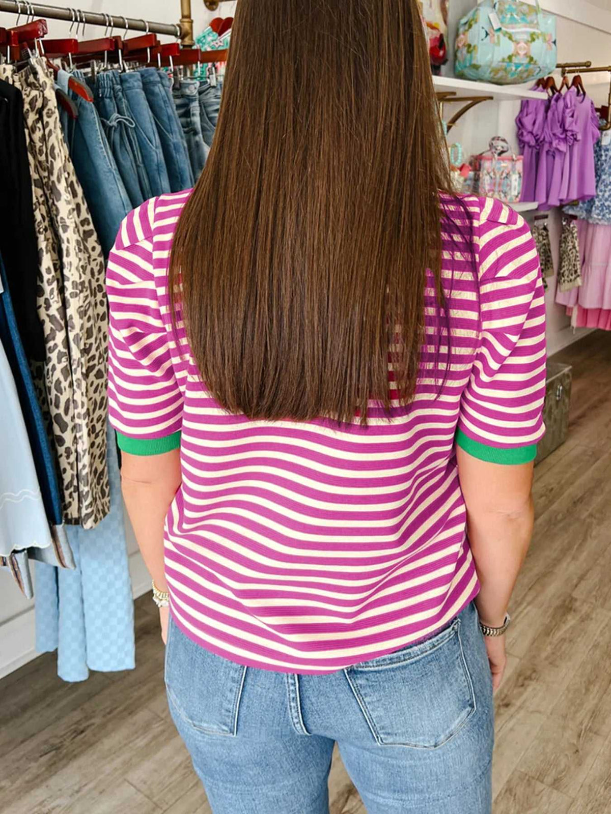 Stripe Short Puff Sleeve Contrast Trim Round Neck Tee 100100342745480 30 Affordable Fashion Under $100 Jerry's Apparel 