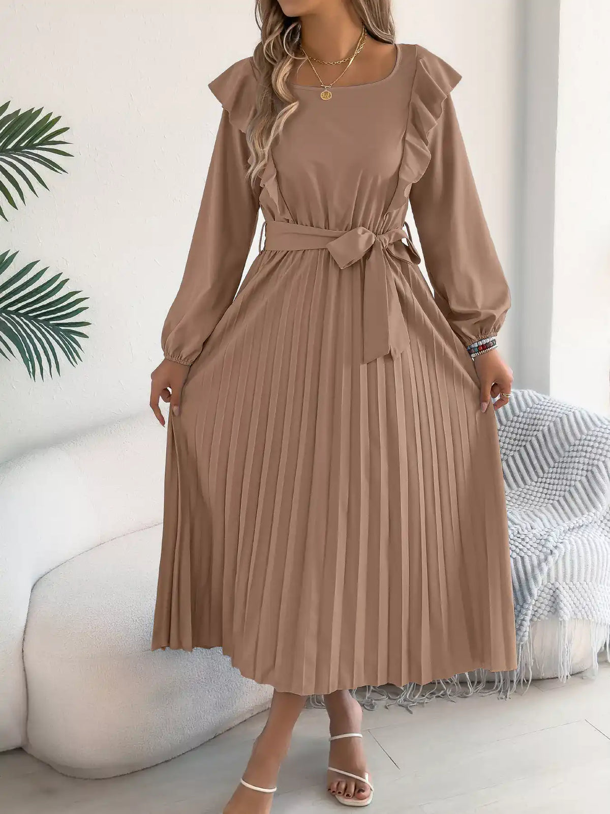 Ruffled Pleated Midi Dress with Waist Tie 101001197851740 44 Affordable Fashion Under $100 Jerry's Apparel 