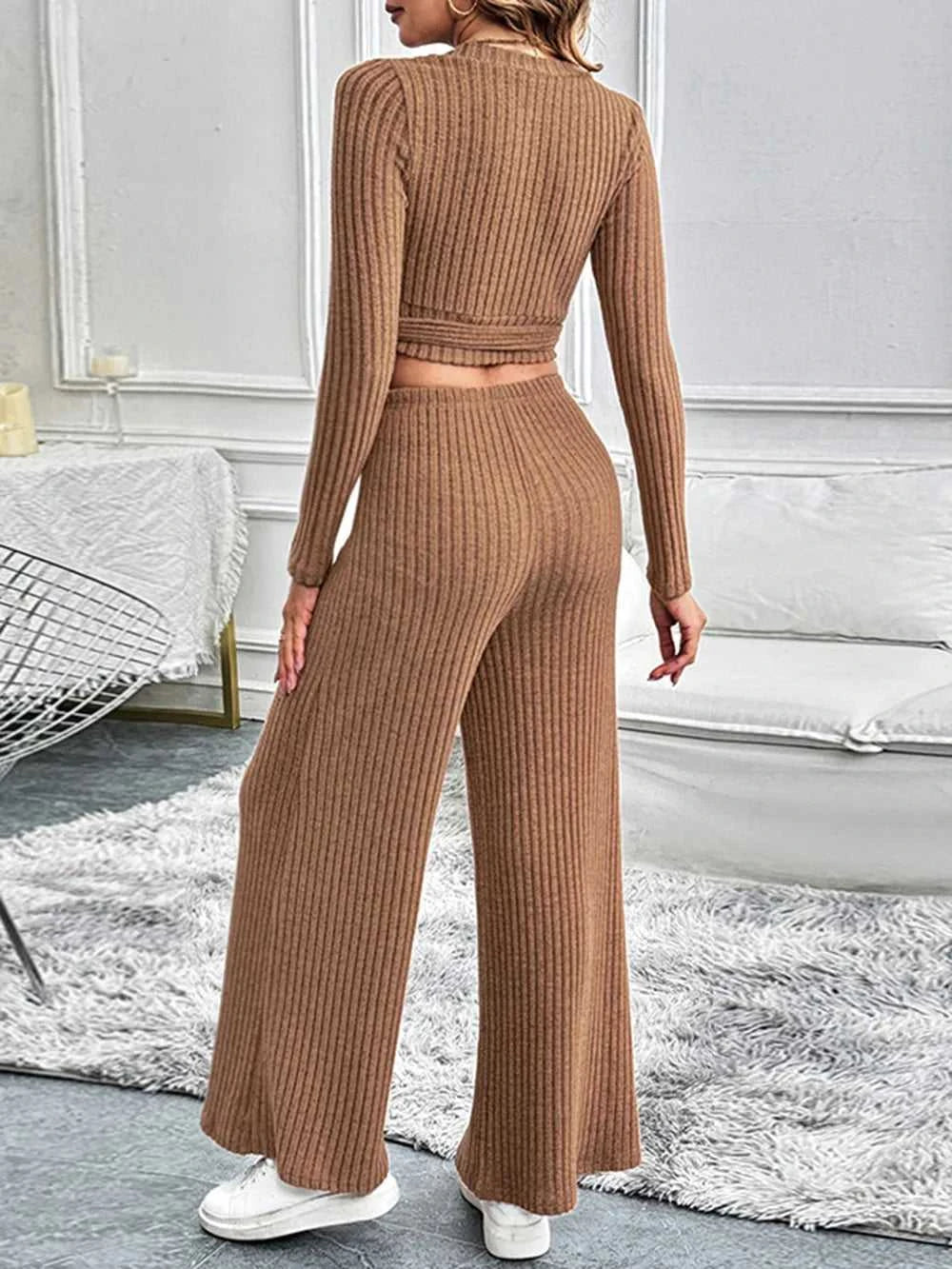 Perfee Surplice Long Sleeve Top and Pants Set 100100682721258 48 Jerry's Apparel 