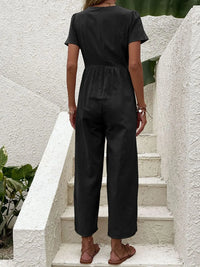 V-Neck Short Sleeve Wide Leg Jumpsuit