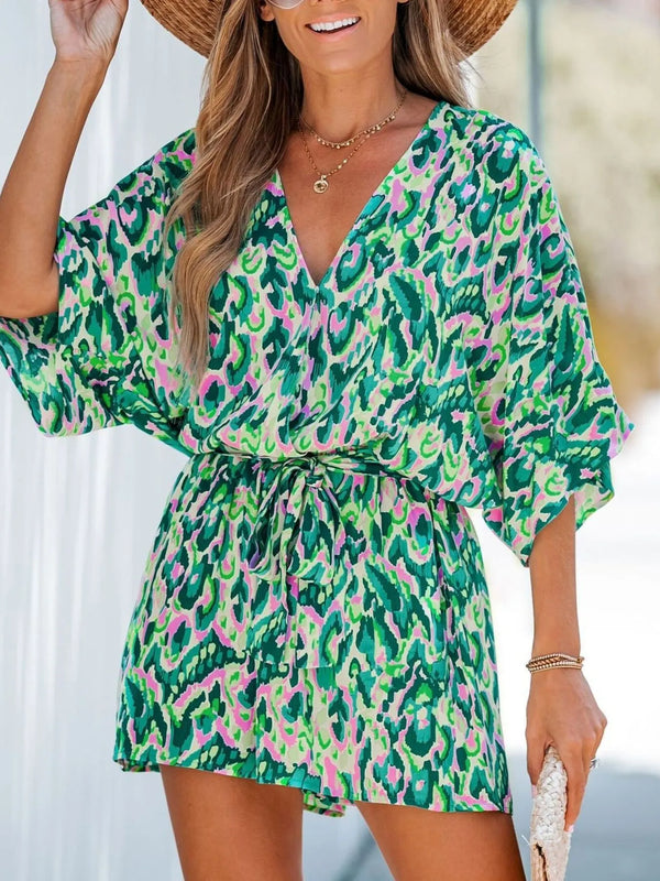 Bohemian Floral Print V-Neck Batwing Sleeve Romper