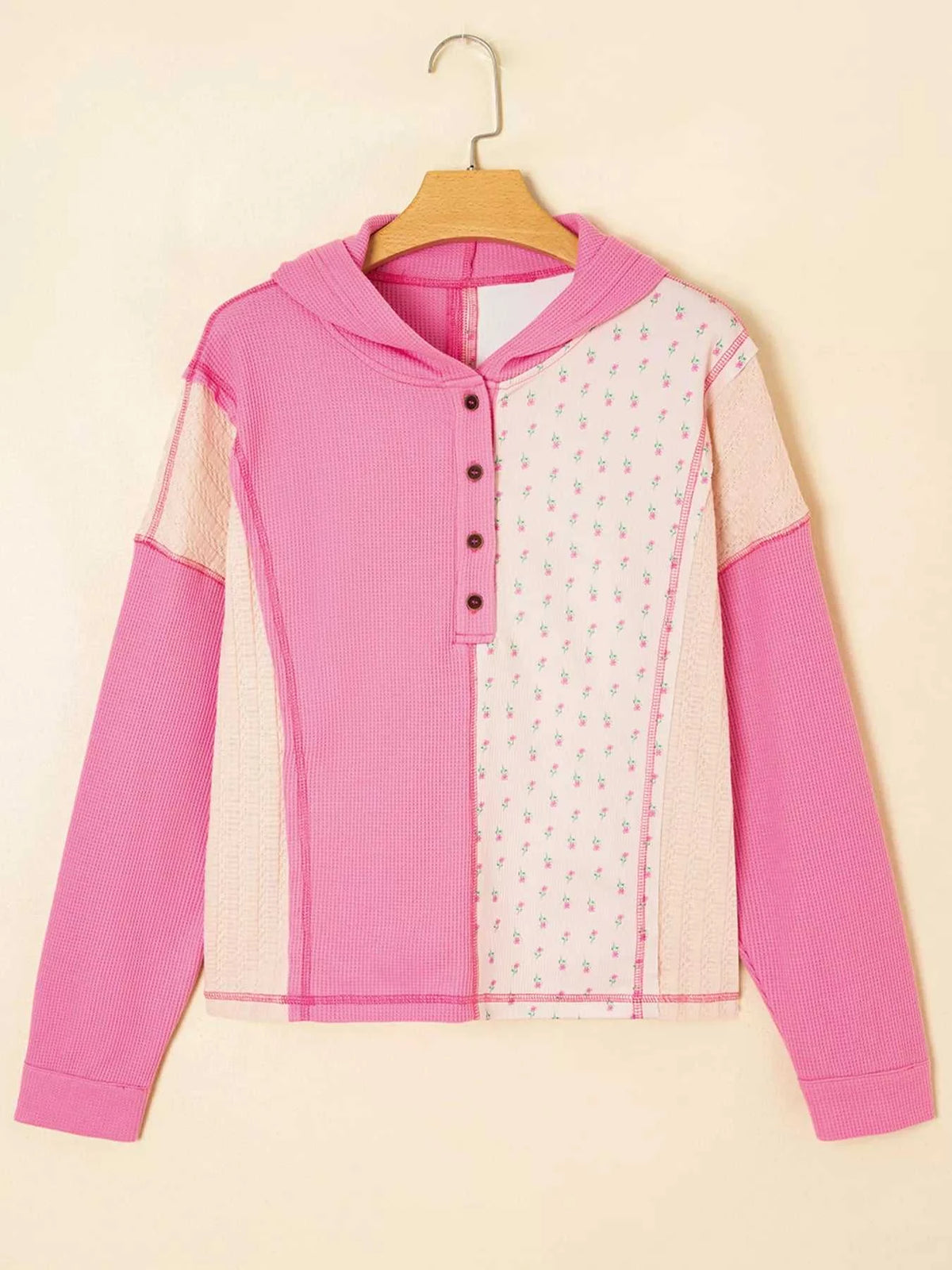 Mixed Texture Waffle Floral Patchwork Hooded Oversize Pullover 100100599360208 50 Affordable Fashion Under $100 Jerry's Apparel 