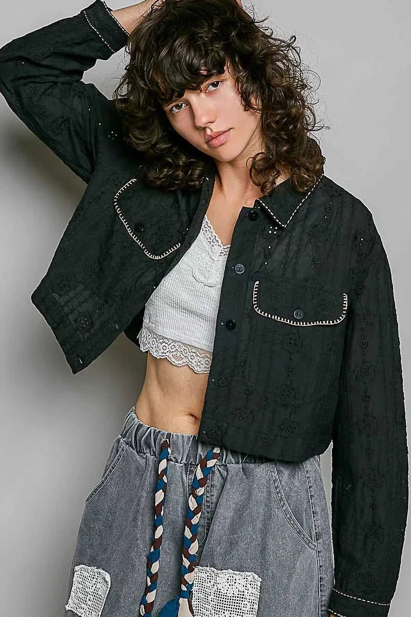 POL Cropped Button-Front Eyelet Cotton Jacket 100100292951676 66 Affordable Fashion Under $100 Jerry's Apparel 