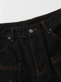 Men's Wide Leg Denim Shorts with Embroidered Pocket Detail