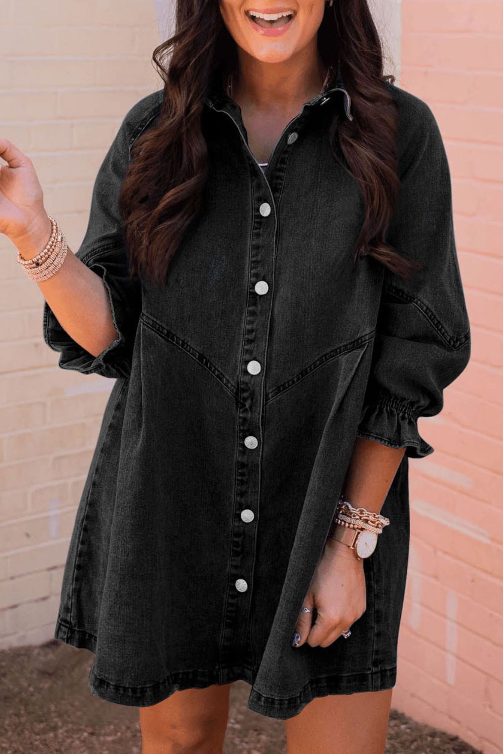 Distressed Collared Neck Flounce Sleeve Denim Dress