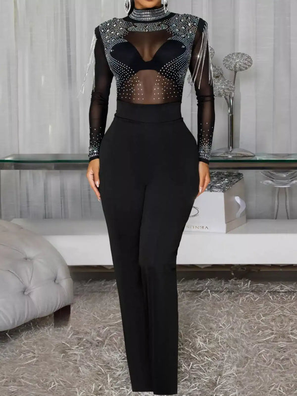 Rhinestone Embellished Mesh Long Sleeve Jumpsuit 101001129967471 84 Affordable Fashion Under $100 Jerry's Apparel 