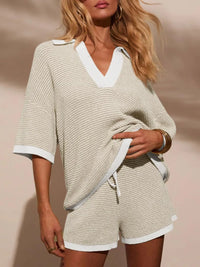 Collared Neck Contrast Striped Top and Shorts Sweater Set