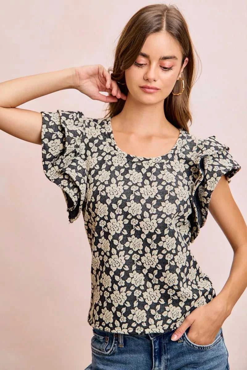 BiBi Floral Jacquard Ruffle Sleeves Knit Top 100100264791752 46 Affordable Fashion Under $100 Jerry's Apparel 