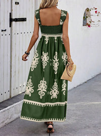 Smocked Printed Wide Strap Maxi Dress
