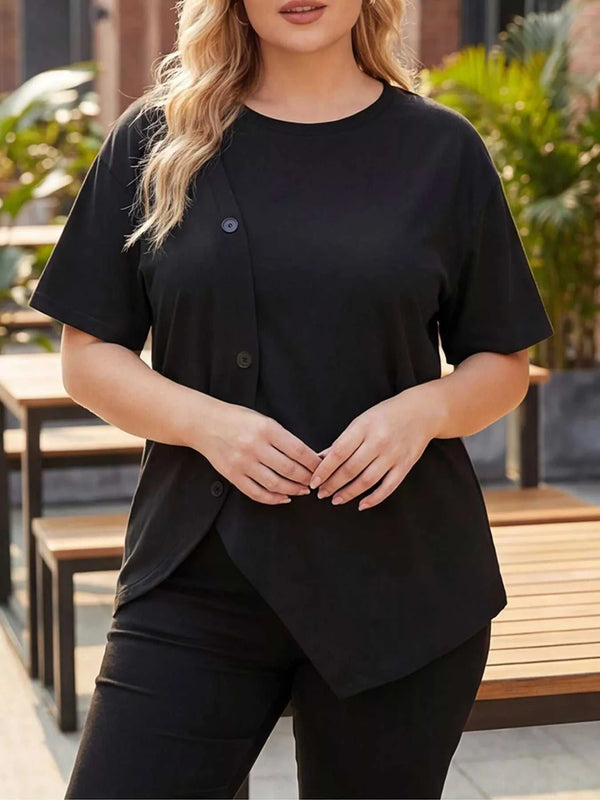 Plus Size Asymmetrical Button Decor Short Sleeve T-Shirt 100100218332684 34 Affordable Fashion Under $100 Jerry's Apparel 