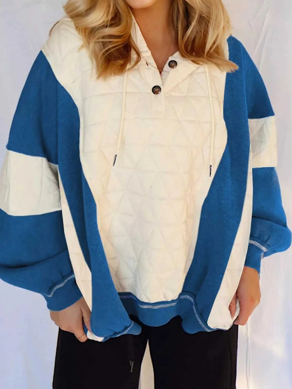 Quilted Fleece Color Block Patchwork Oversize Hoodie