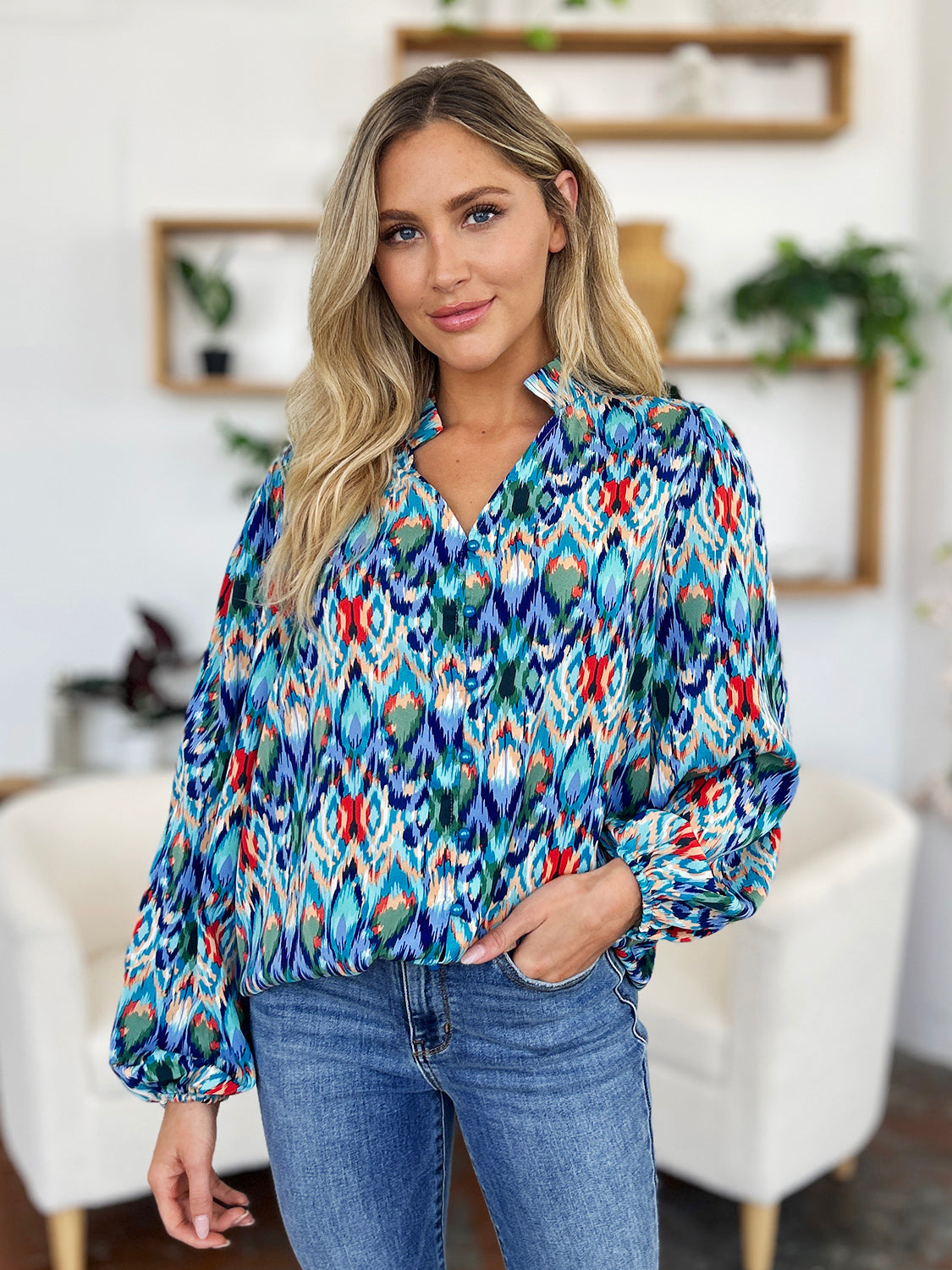 Full Size Printed Balloon Sleeve Blouse