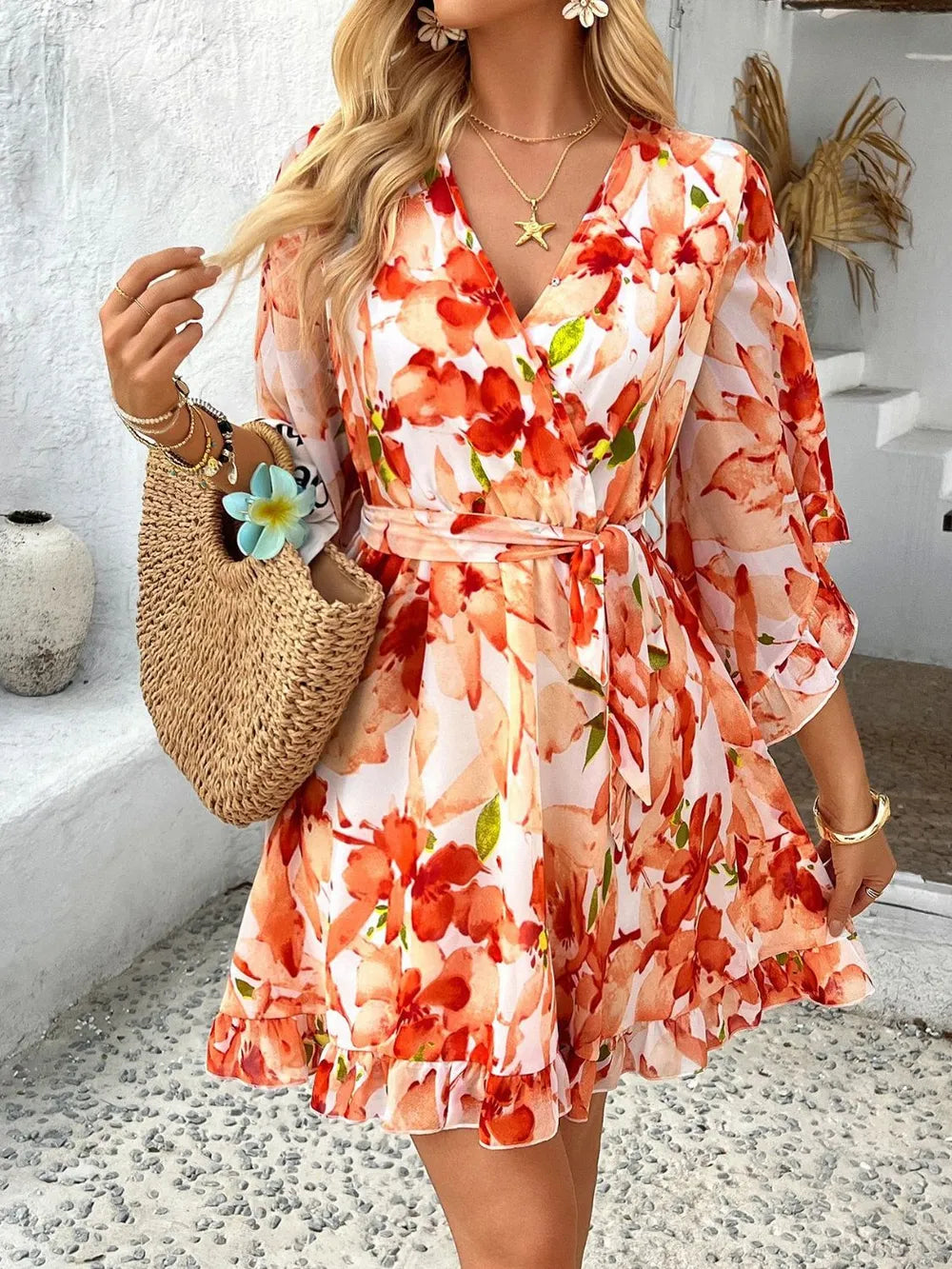 Devine Printed Surplice Ruffled 3/4 Sleeve Mini Dress